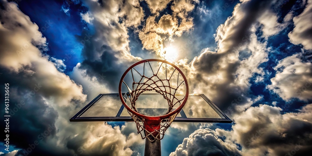 Basketball hoop against cloudy sky background, seen from below Basketball hoop against cloudy sky background, seen from below