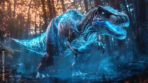 Holographic visualization of a Giganotosaurus a massive carnivorous dinosaur displayed in a lifelike prehistoric landscape setting photo