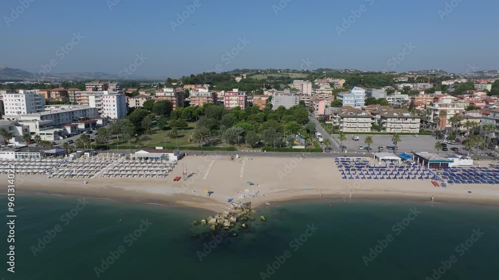 sideways aerial survey of the beaches of Parco Europa, Porto Recanati, Italy sideways aerial survey of the beaches of Parco Europa, Porto Recanati, Italy