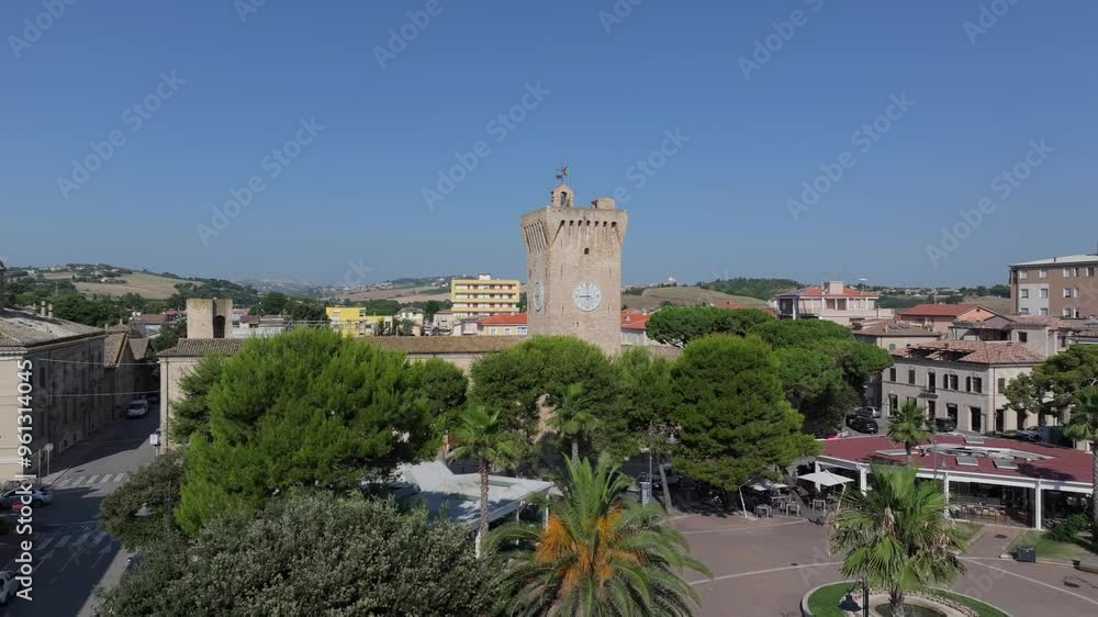 rising aerial in the Piazza Brancondi, viewing Castle Svevo, Porto Recanati, Itlay rising aerial in the Piazza Brancondi, viewing Castle Svevo, Porto Recanati, Itlay
