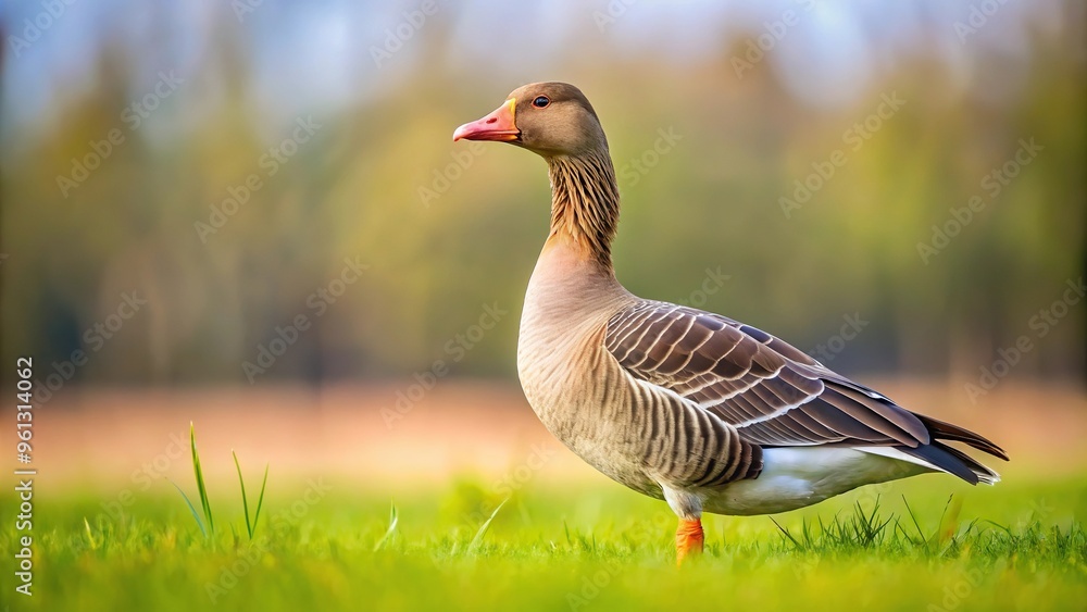 Bean goose Anser fabalis stands in meadow at low angle view Bean goose Anser fabalis stands in meadow at low angle view