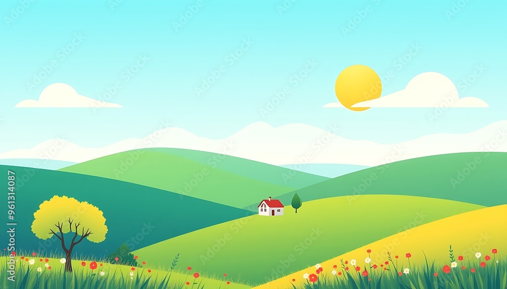 Fototapeta premium Sunny Countryside - Bright and Cheerful Vector Landscape