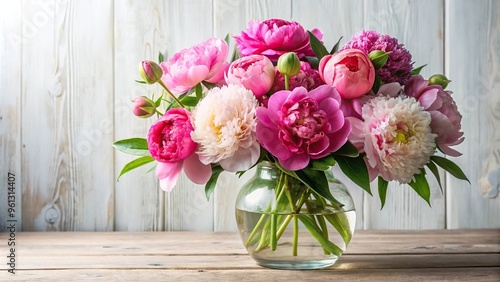 Fototapeta Naklejka Na Ścianę i Meble -  Beautiful bouquet of hand-drawn garden peonies in vase for decoration
