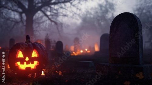 Wallpaper Mural Misty graveyard  with old tombstones and a glowing jack-o'-lantern Torontodigital.ca