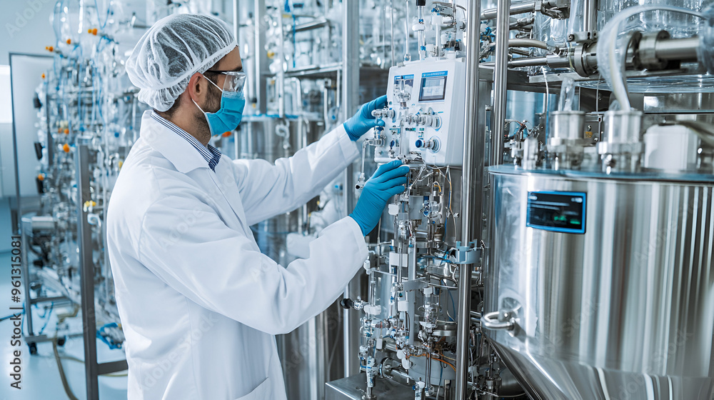 Lab technician monitors bioreactor vessels in pharmaceutical production ...