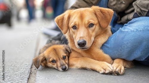 person sitting cross-legged on the sidewalk, with a small dog curled up beside them