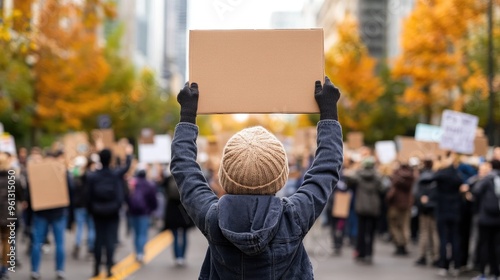 A Passionate Activist Holding a Climate Change Sign Amidst a Vibrant Crowd at a Rally in the City on a Sunny Day, Reflecting Unity and Determination for Environmental Action.