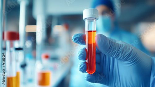 A doctor's gloved hand holds a sports test tube filled with vibrant red liquid, indicating a blood test, while a colleague sits blurred behind in the lab