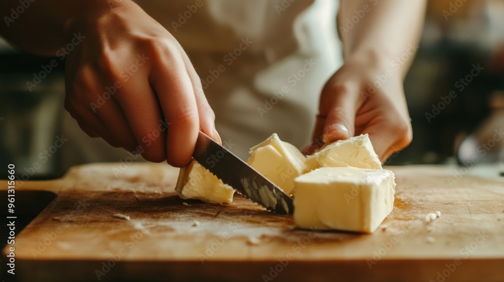 Woman cuts butter on board with knife. Woman cuts butter on board with knife.