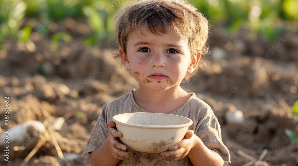 malnourished child with an empty bowl in a rural setting malnourished child with an empty bowl in a rural setting