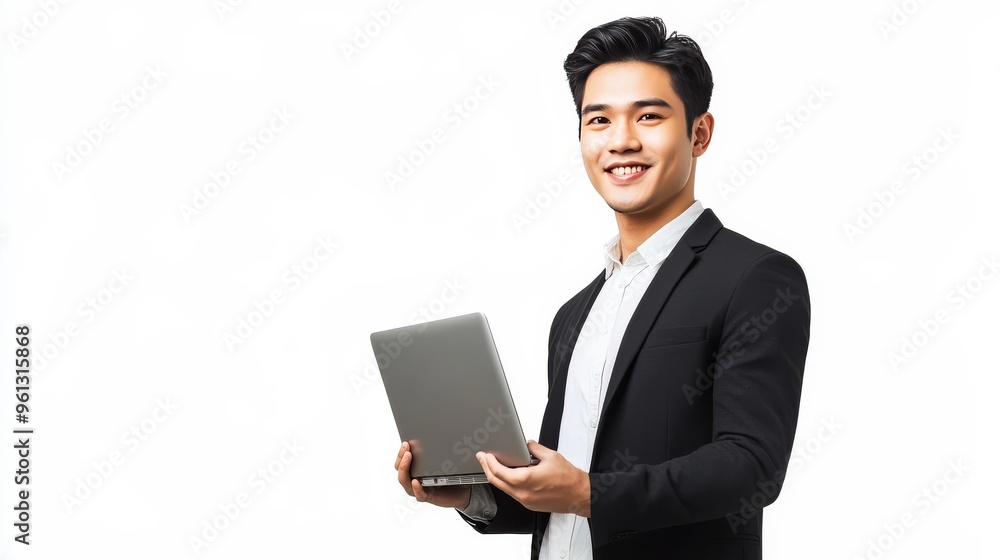 Handsome Asian businessman uses laptop while smiling and relaxing. Handsome Asian businessman uses laptop while smiling and relaxing.