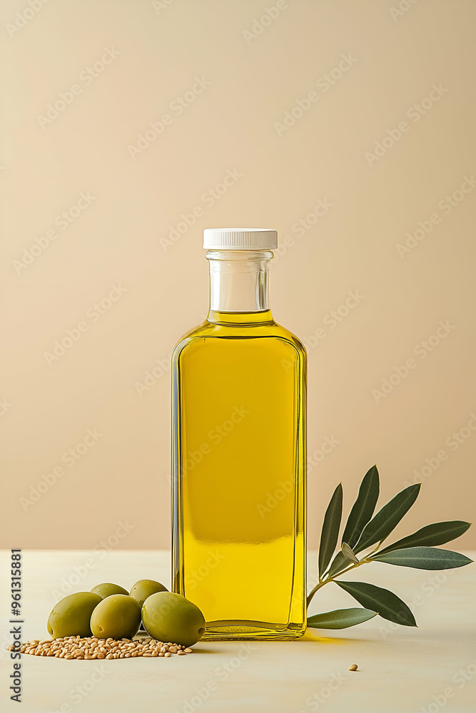 Olive Oil Bottle with Fresh Olives and Grain in a Mediterranean-Inspired Setting Olive Oil Bottle with Fresh Olives and Grain in a Mediterranean-Inspired Setting