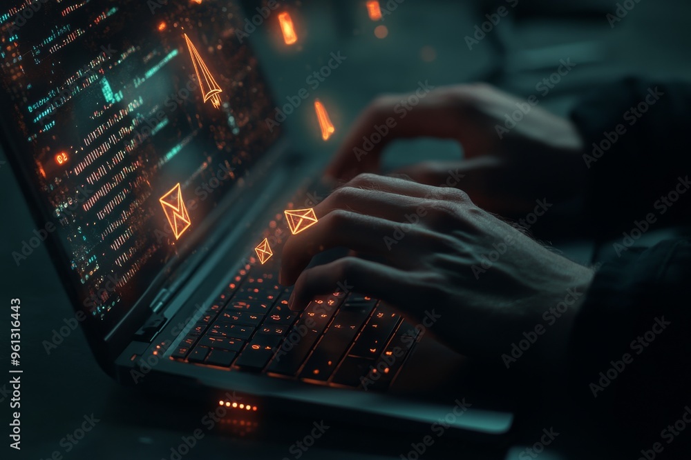 A person typing on a laptop with glowing email envelope icons floating above the keyboard, surrounded by code and digital screens. A person typing on a laptop with glowing email envelope icons floating above the keyboard, surrounded by code and digital screens.