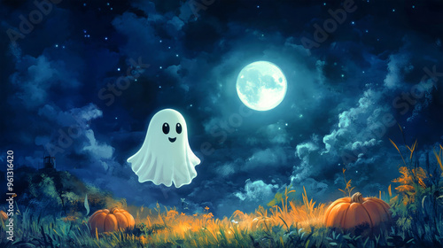 A cheerful ghost floats in the night sky, surrounded by vibrant pumpkins and illuminated by a glowing moon, capturing the essence of Halloween magic