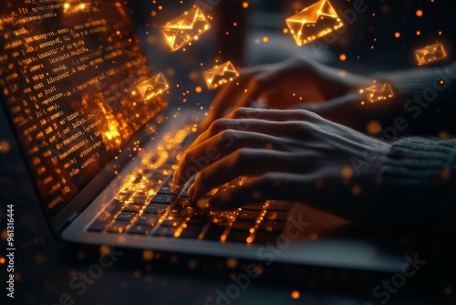 A person typing on a laptop with glowing email envelope icons floating above the keyboard, surrounded by code and digital screens.