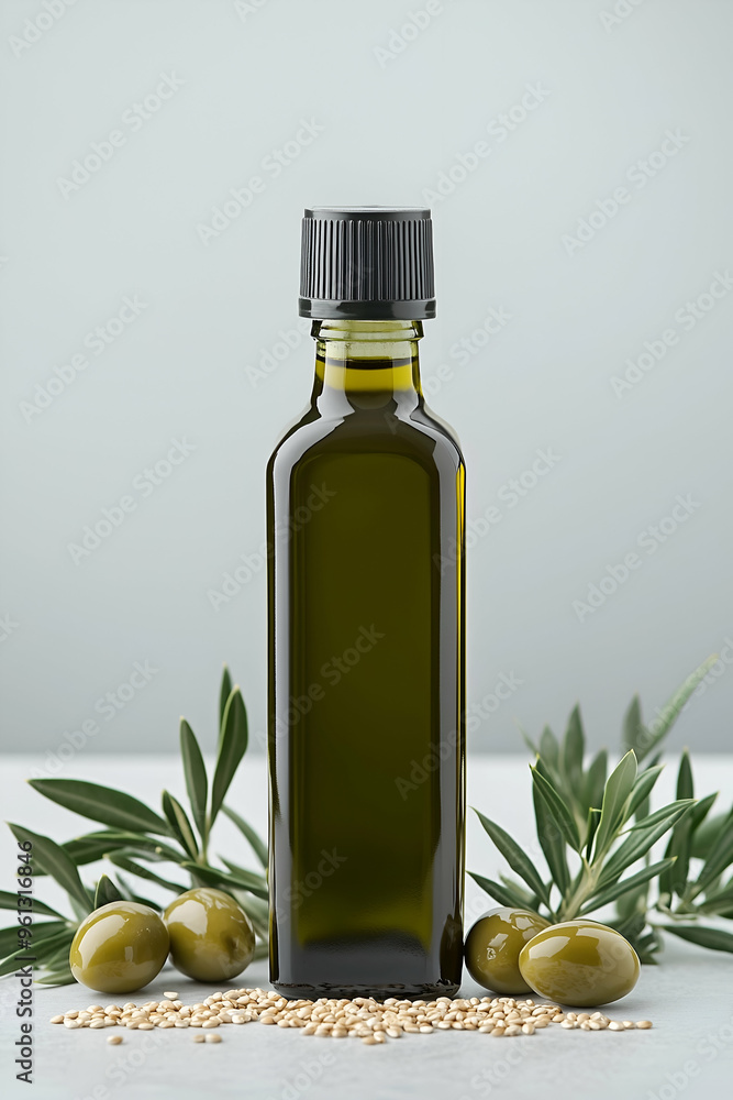 Olive Oil Bottle with Fresh Olives and Grain in a Mediterranean-Inspired Setting Olive Oil Bottle with Fresh Olives and Grain in a Mediterranean-Inspired Setting