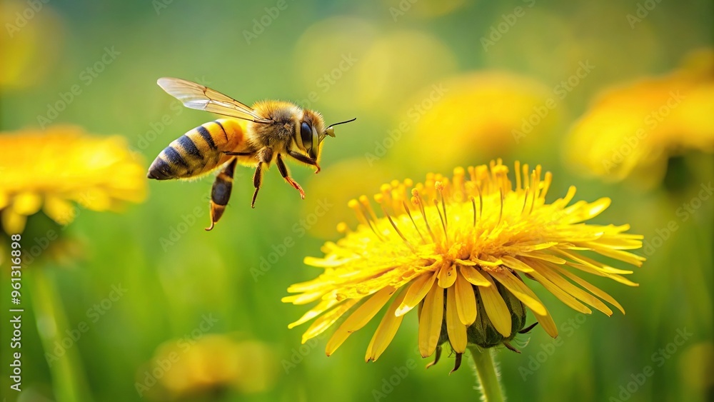 Bee collecting honey from yellow dandelion flower Bee collecting honey from yellow dandelion flower