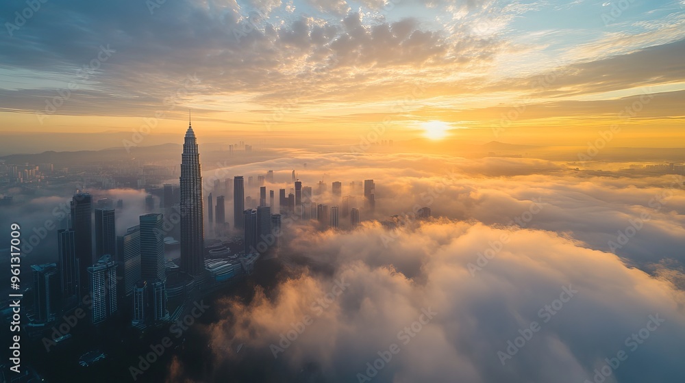 Fototapeta premium Aerial view of low clouds over the Kuala Lumpur skyline during sunrise