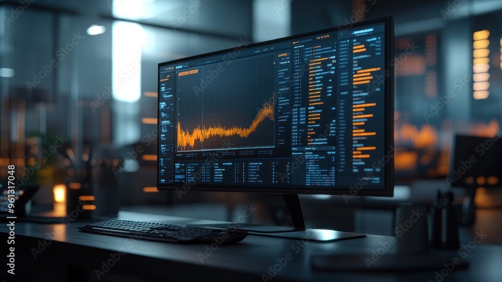 AI system generating financial forecasts on a large monitor in a financial office with professional lighting. AI system generating financial forecasts on a large monitor in a financial office with professional lighting.