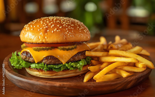 Delicious beef burger served on a wooden plate with cheese, lettuce, and other toppings. Fried in addition to.