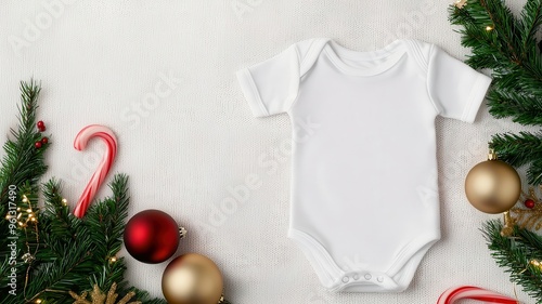 Baby girl bodysuit mockup on a soft wool blanket with sparkling holiday lights, candy canes, and golden ornaments, Christmas baby girl clothing mockup