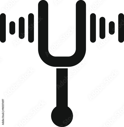 Simple icon of a tuning fork creating sound waves, representing sound, music, and frequency