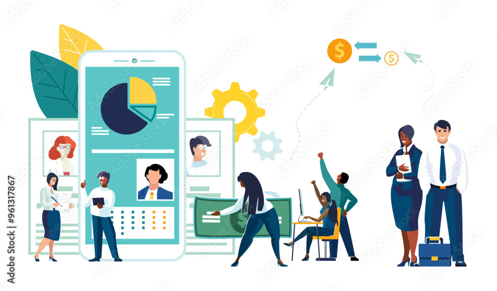 Vector illustration. Business, mobile app. Team of business people are negotiating a deal, working together for success. Solving financial issues, Dollar gold coins. Ethnicity, African Americans Vector illustration. Business, mobile app. Team of business people are negotiating a deal, working together for success. Solving financial issues, Dollar gold coins. Ethnicity, African Americans