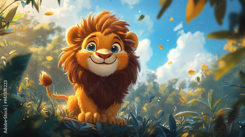 Cartoon art style, a playful lion character with exaggerated features, bright colors, and a whimsical setting. Cartoon art style, a playful lion character with exaggerated features, bright colors, and a whimsical setting.