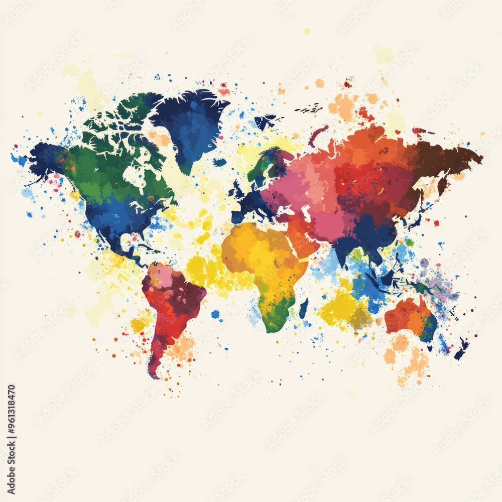 Obraz premium Artistic World Map, a creatively designed map featuring vibrant colors and abstract shapes on a clean white background, showcasing global geography in a unique and imaginative way