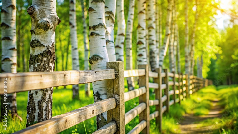 Birch tree wooden fence with green nature background Tilted Angle Birch tree wooden fence with green nature background Tilted Angle