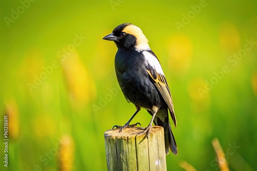 Bird Eye View Bobolink perched on Fence Post with Green Background photo