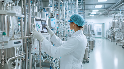 Lab technician monitors bioreactor vessels in pharmaceutical production showcasing biotech aspect. Concept Pharmaceutical Production, Bioreactor Monitoring, Lab Technician, Biotech photo