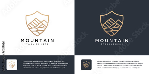 Shield logo design template with mountains in modern line art.