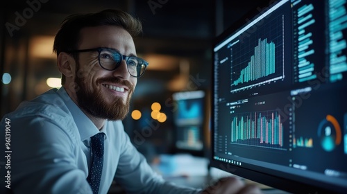 Smiling Businessman Analyzing Data on Multiple Computer Screens in Modern Office at Night