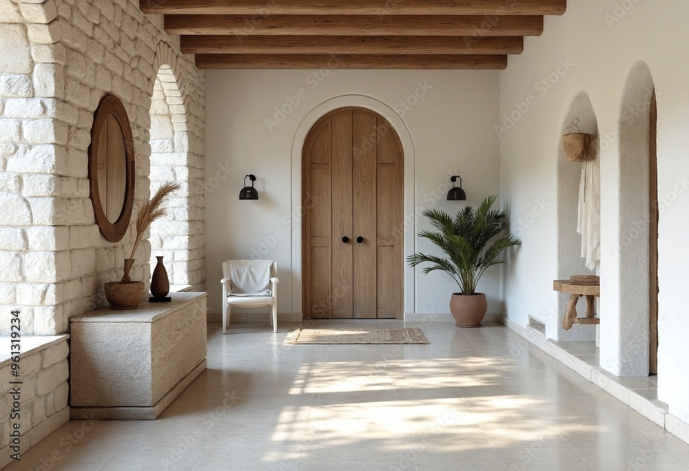 Fototapeta premium Coastal interior design of modern entrance hall with stone tiles wall and wooden rustic elements
