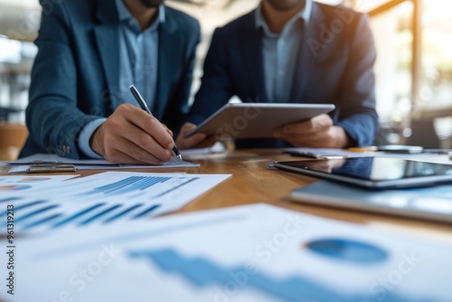 Wallpaper Mural Businessmen Meeting and Discussing Data on a Tablet Torontodigital.ca