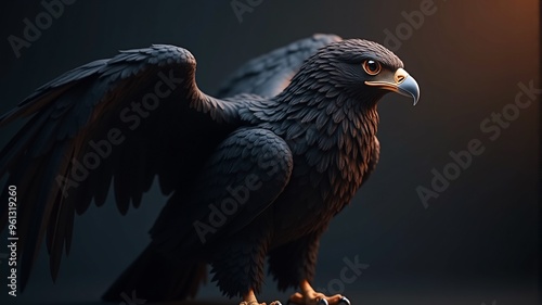 a black eagle with a yellow beak and yellow eyes on a black background