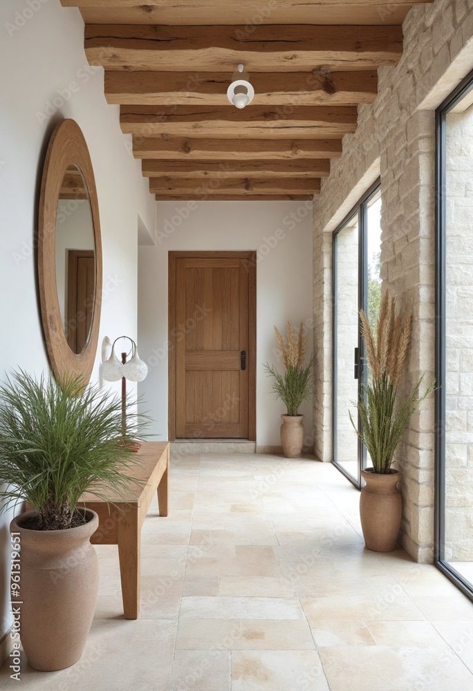 Coastal interior design of modern entrance hall with stone tiles wall ...
