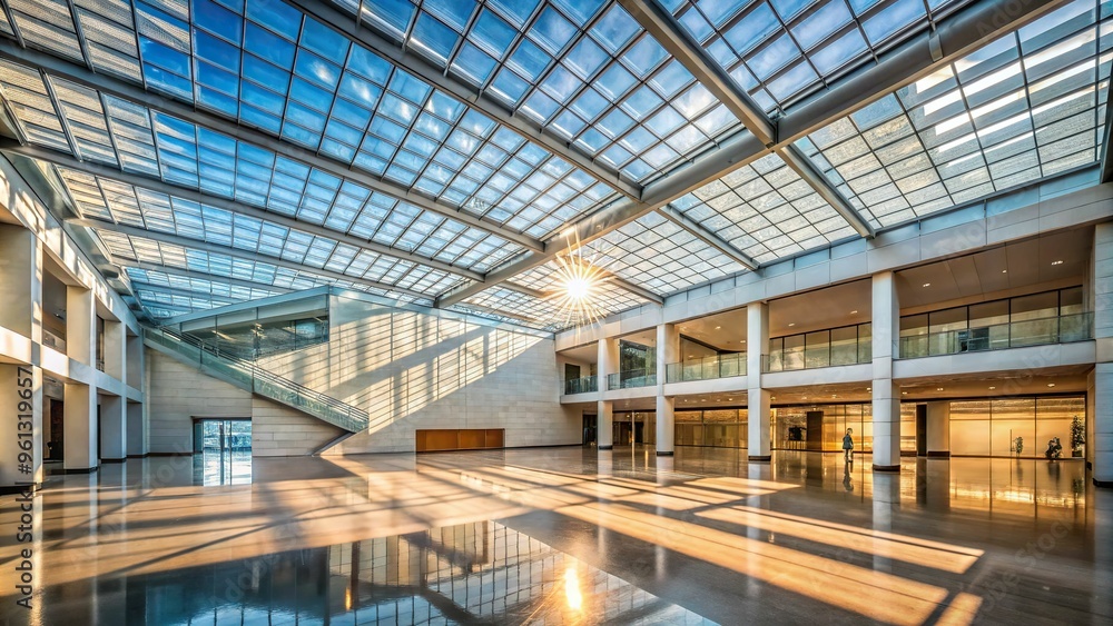 Sunlit atrium of a modern museum, with natural light pouring through the glass roof, illuminating the minimalist interior and showcasing the building's transparency. Sunlit atrium of a modern museum, with natural light pouring through the glass roof, illuminating the minimalist interior and showcasing the building's transparency.