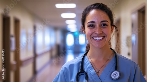 Friendly Female Nurse in Hospital Corridor with Stethoscope Smiling at Camera