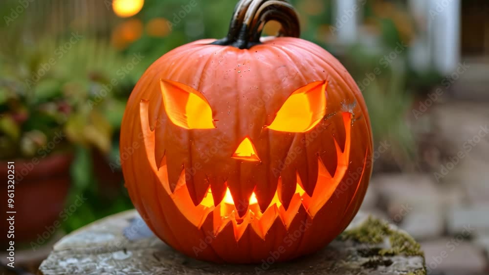A carved pumpkin with a mischievous grin and glowing eyes sits on a stone patio, A jack-o-lantern with a mischievous grin and glowing eyes A carved pumpkin with a mischievous grin and glowing eyes sits on a stone patio, A jack-o-lantern with a mischievous grin and glowing eyes