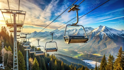 Bird Eye View of Open Air Ski Lift on Mountain Top for Alpine Skiing photo