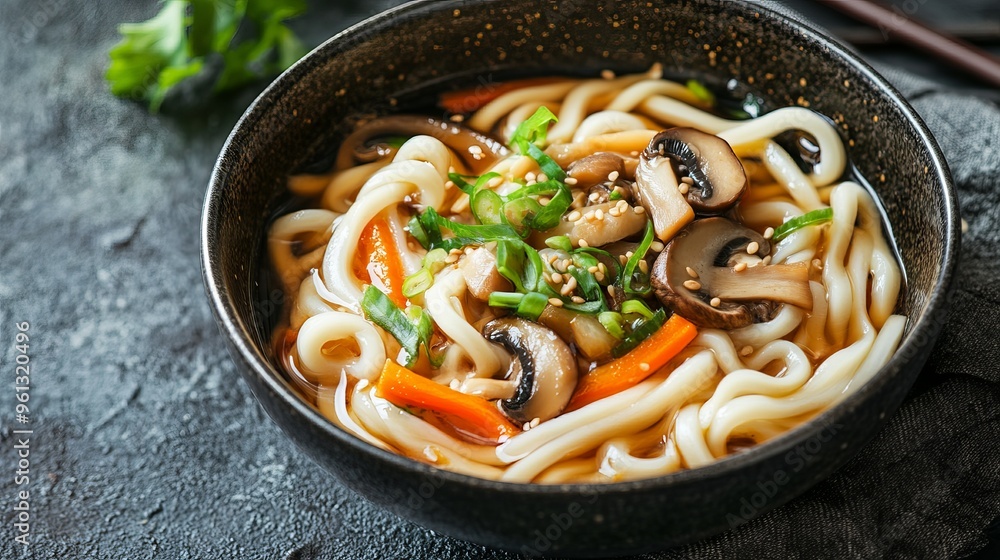 Udon noodles with mushrooms and vegetables, a healthy Asian-style dish Udon noodles with mushrooms and vegetables, a healthy Asian-style dish