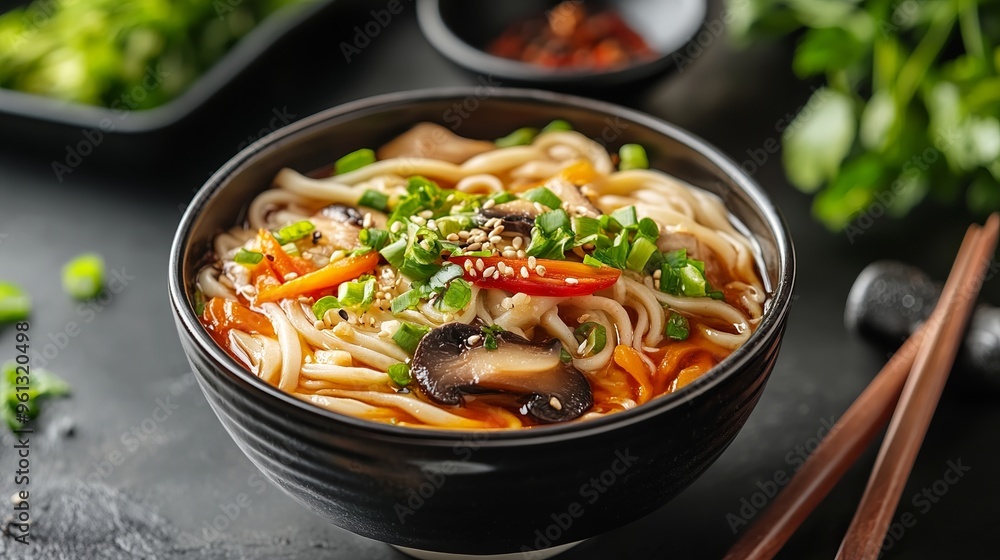 Udon noodles with mushrooms and vegetables, a healthy Asian-style dish Udon noodles with mushrooms and vegetables, a healthy Asian-style dish