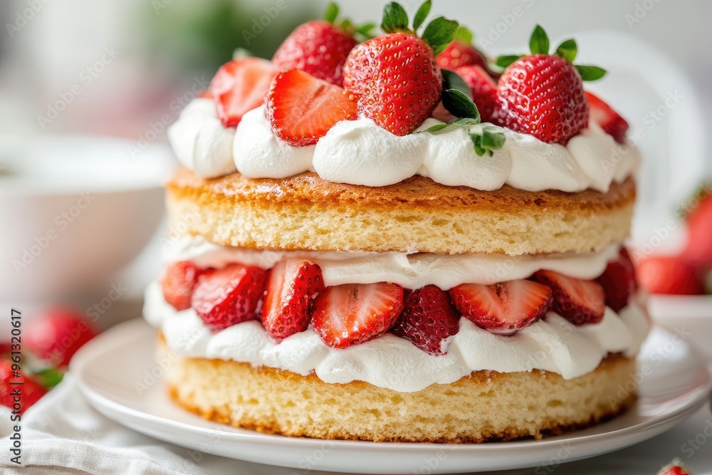 A classic strawberry shortcake with layers of fluffy sponge cake, fresh strawberries, and whipped cream A classic strawberry shortcake with layers of fluffy sponge cake, fresh strawberries, and whipped cream
