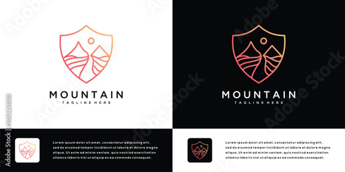 Mountain logo icon design illustration with shield. Abstract outdoor mountain logo symbol.
