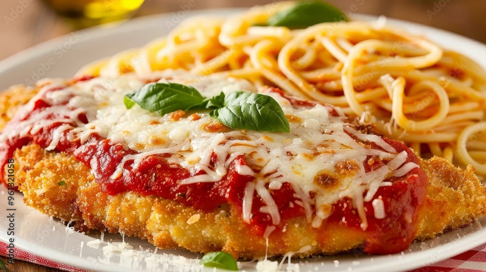Classic Chicken Parmesan Served with Spaghetti and Garnished with Fresh Basil Leaves. Comfort Food Classic Chicken Parmesan Served with Spaghetti and Garnished with Fresh Basil Leaves. Comfort Food
