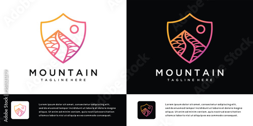 Mountain logo icon design illustration with shield. Abstract outdoor mountain logo symbol.