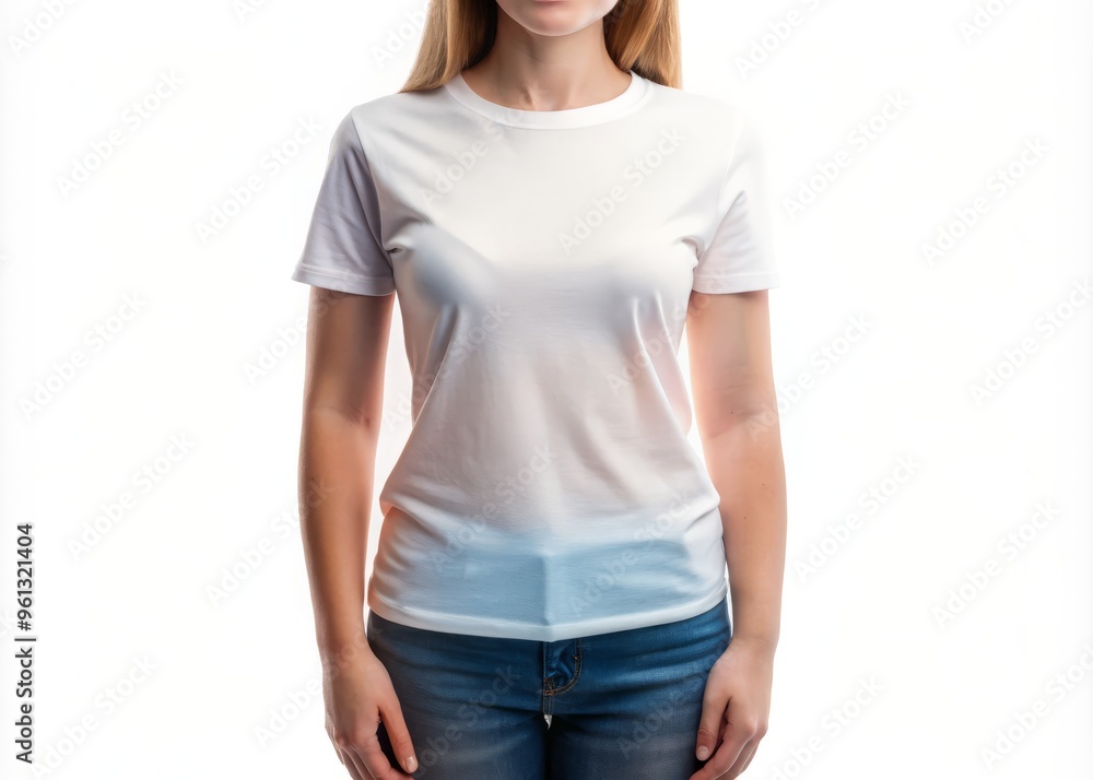 A model poses elegantly in a simple white shirt featuring adjustable sleeves and a crew neck, set against A model poses elegantly in a simple white shirt featuring adjustable sleeves and a crew neck, set against