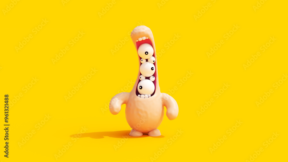 Monster children cheerful funny young creature eyeballs in mouth Halloween back to school yellow orange flesh coloured background 3d illustration render digital rendering Monster children cheerful funny young creature eyeballs in mouth Halloween back to school yellow orange flesh coloured background 3d illustration render digital rendering
